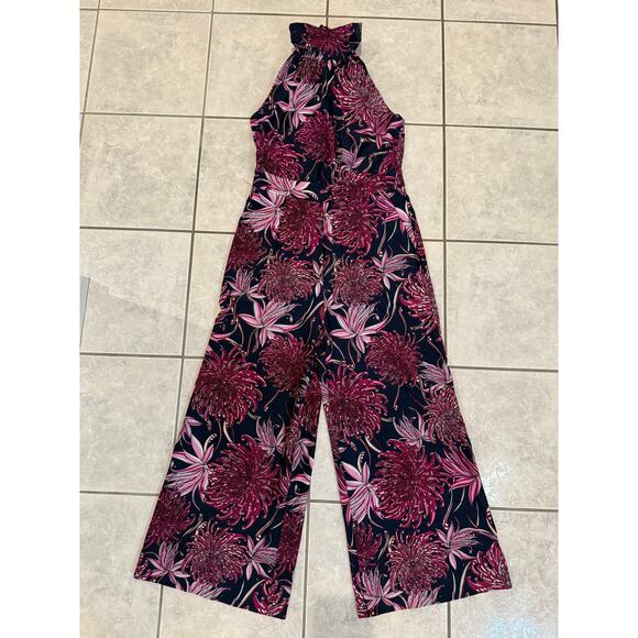 Jude Connally Cranberry Floral Nylon Sleeveless Wide Leg Jumpsuit Romper Sz S - Picture 1 of 7